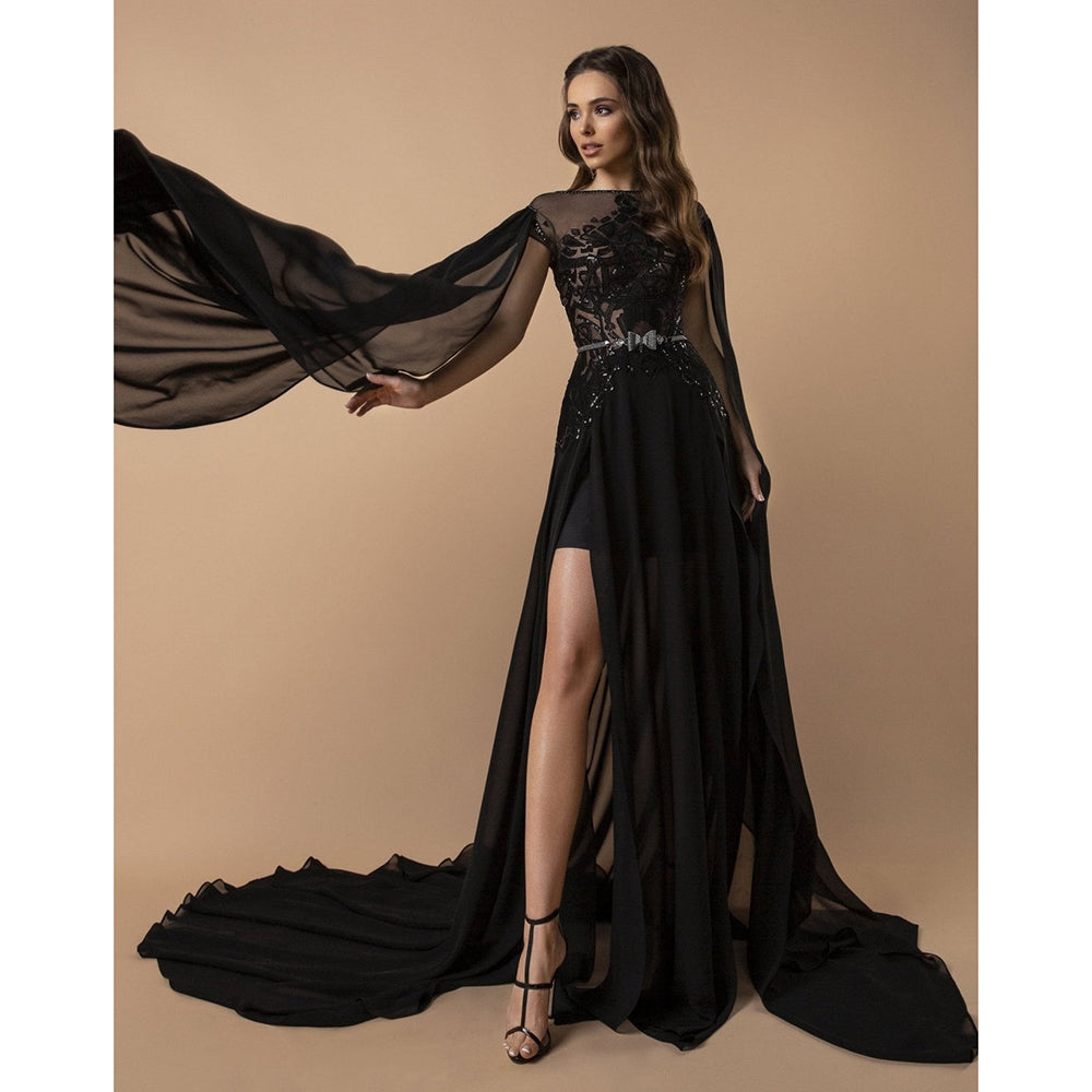 High Slit Sheer Beaded Bodice and Cape A Line Gothic Black Wedding Dress