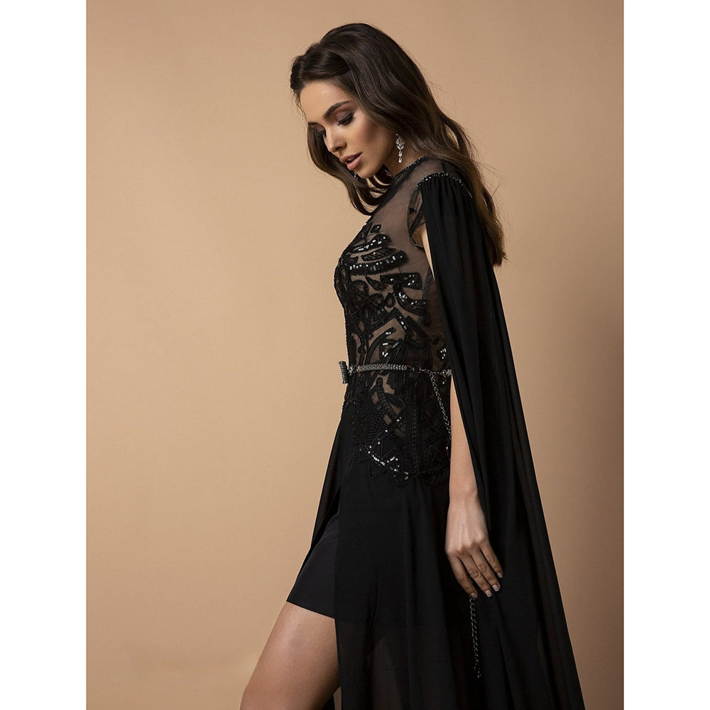 High Slit Sheer Beaded Bodice and Cape A Line Gothic Black Wedding Dress