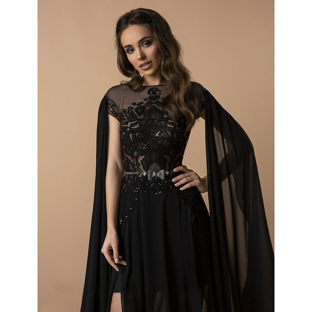 High Slit Sheer Beaded Bodice and Cape A Line Gothic Black Wedding Dress