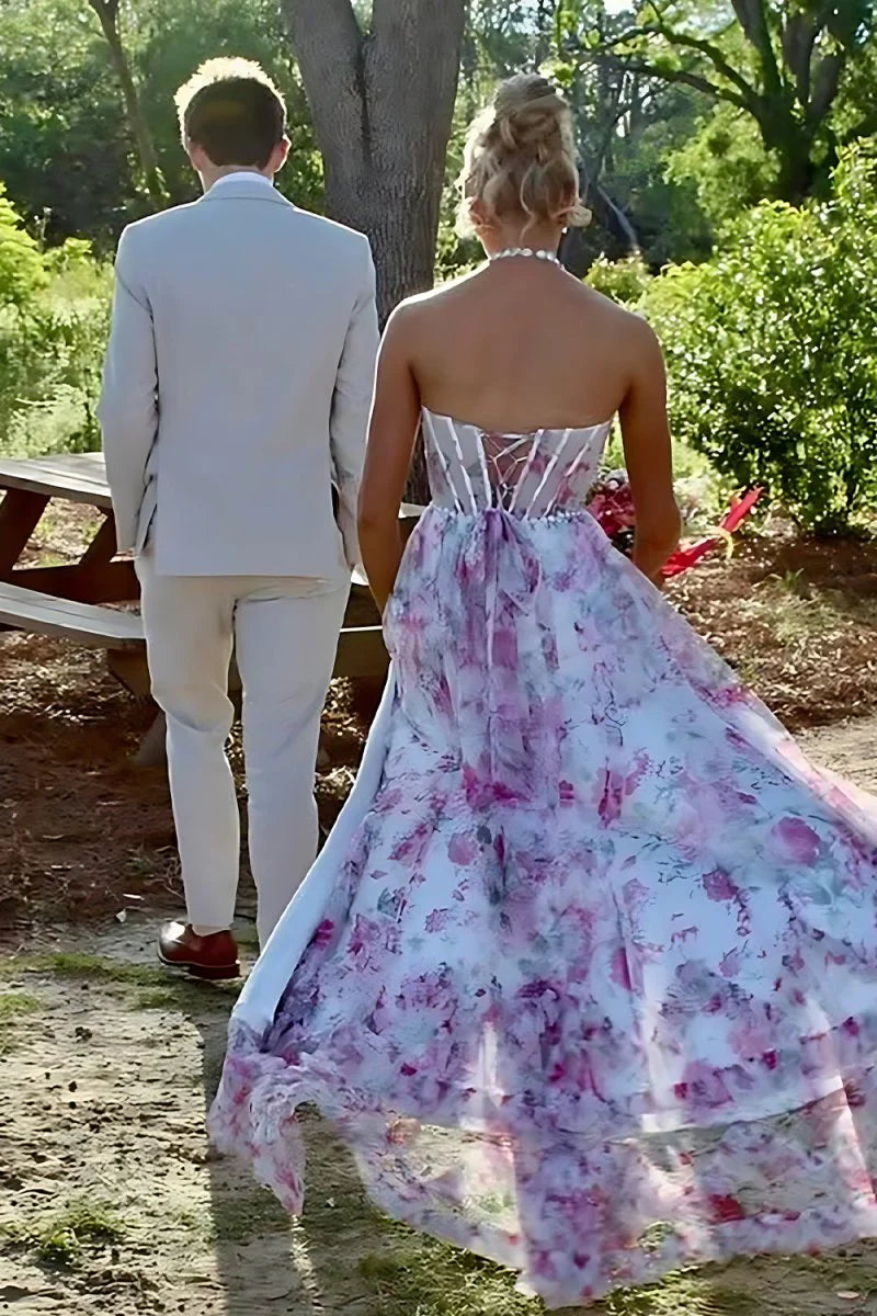 Pink Halter Floral Chiffon Ruffled With Beading Formal A Line Prom Dress