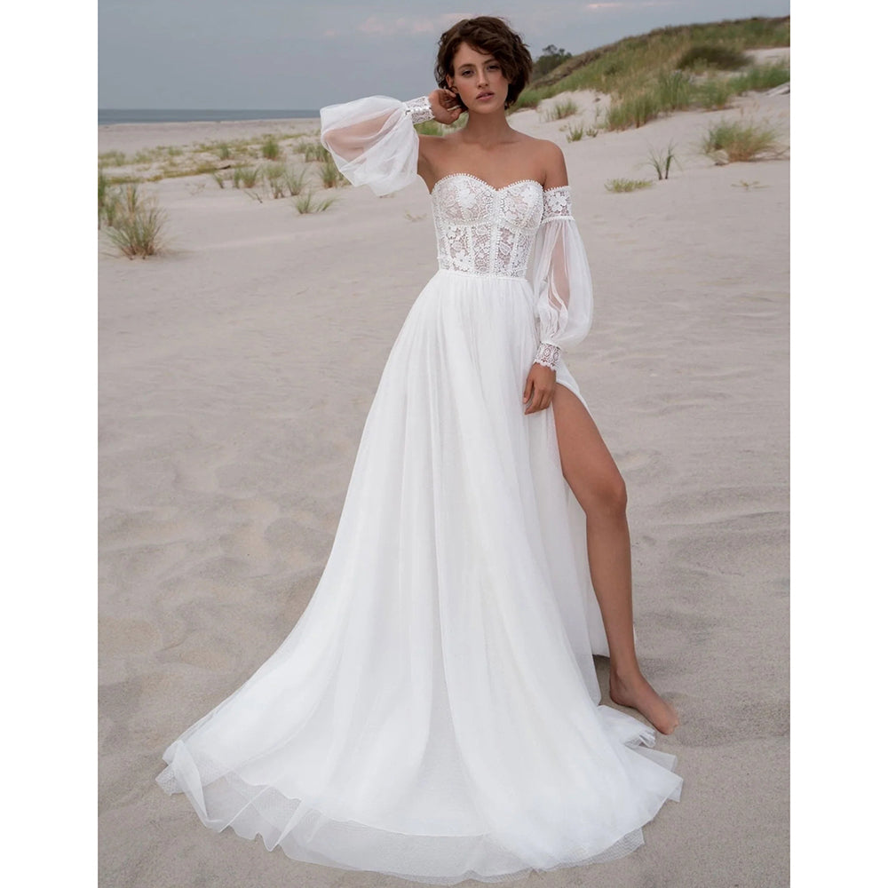 Boho Sweetheart Neck Long Puff Sleeve Lace Top A Line Wedding Dress