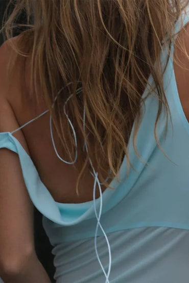 Sky Blue One Shoulder Sheath Chiffon Pleated Long Formal Mermaid Prom Dress