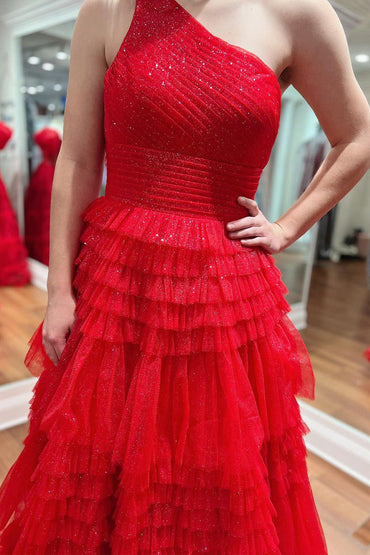 Robe de bal longue trapèze en tulle à volants et à une épaule rouge scintillante de Roycebridal