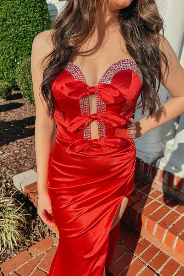 Red Slit Strapless V Neck Bow Pleated Long Mermaid Prom Dress