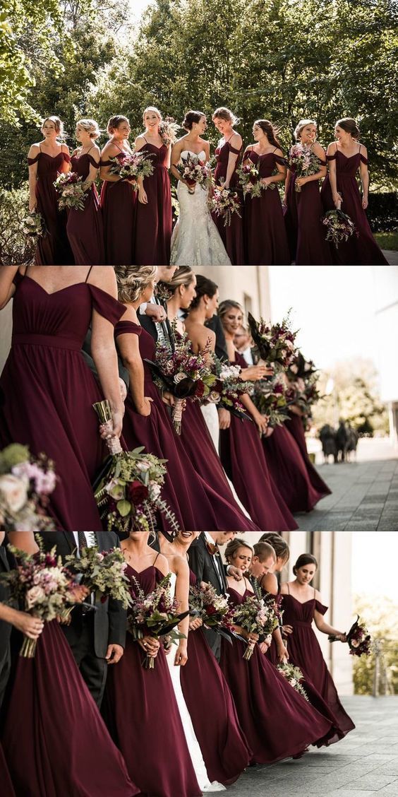 Günstige Chiffon Burgund Brautjungfernkleider Off Shoulder Kleid