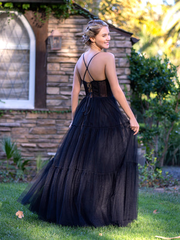 Robe de bal longue en tulle à pois et bretelles spaghetti, style corset Roycebridal