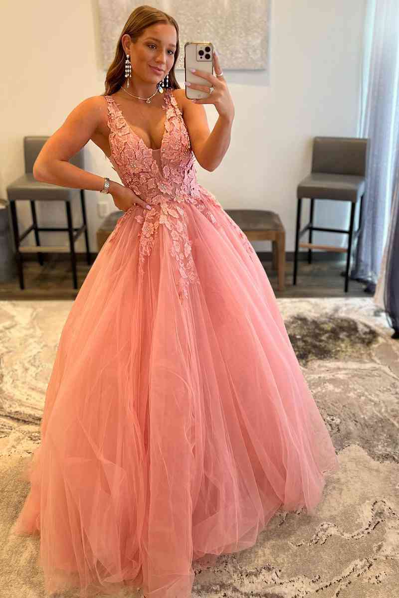 Roycebridal Marigold | Langes A-Linien-Ballkleid aus Tüll mit V-Ausschnitt und Applikationen