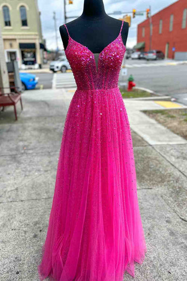Emmalyn | Langes Abendkleid in Neonpink mit Perlenbesatz in A-Linie