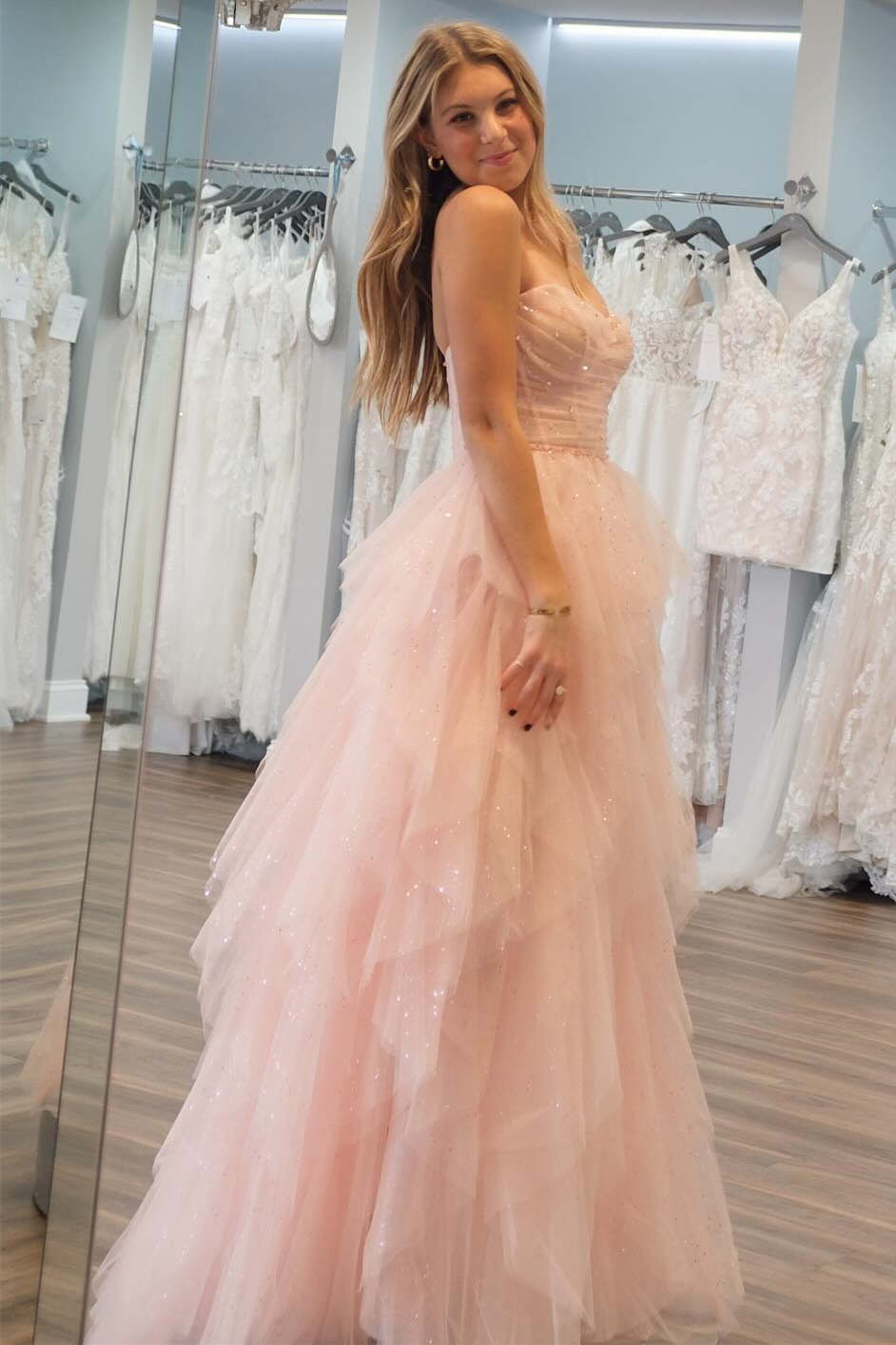 Roycebridal Patsy | Strapless Light Pink Sequin Beaded Ruffle Tulle Prom Dress