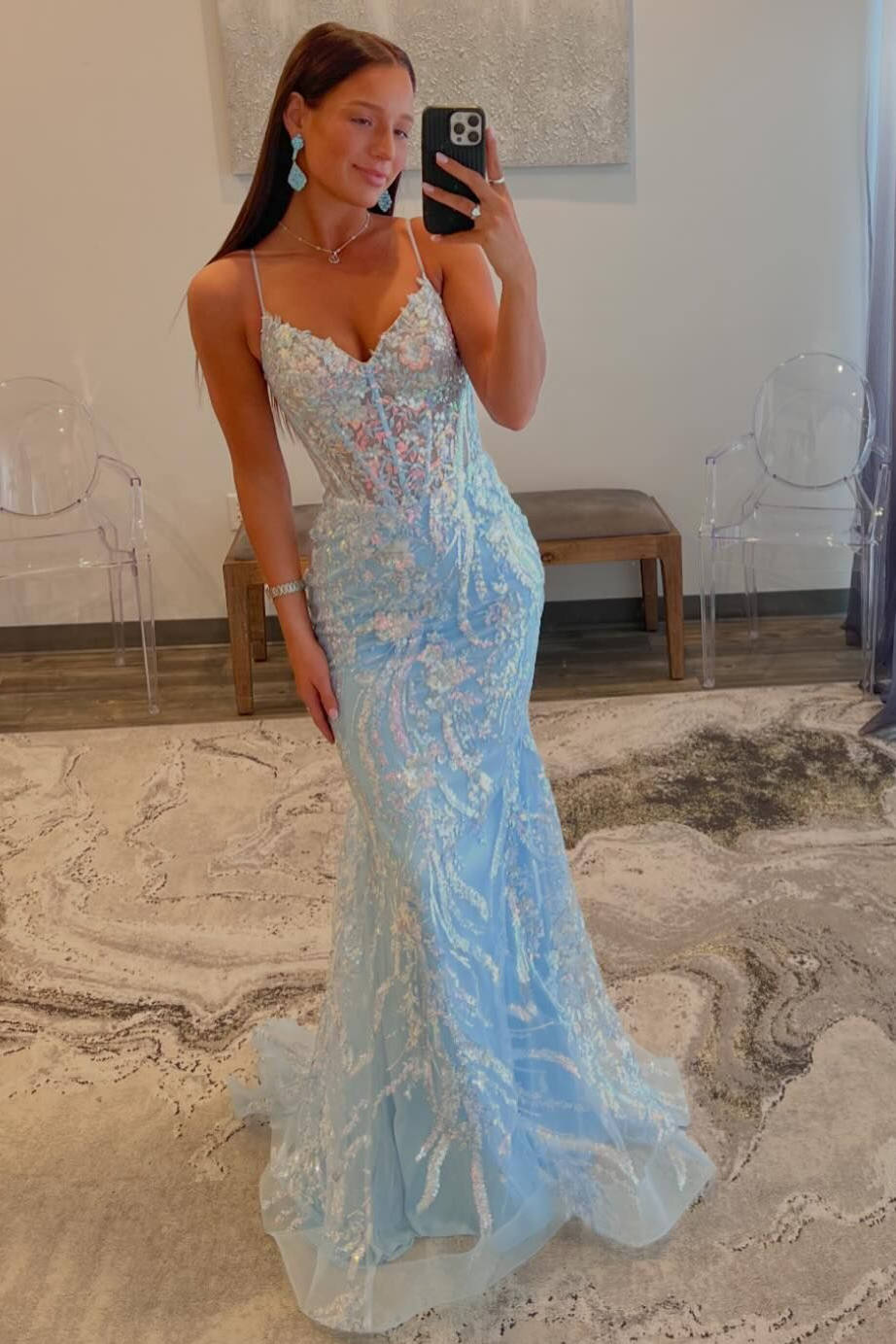 Roycebridal Margaret | Straps Light Blue V-Neck Sequin Appliques Mermaid Prom Dress