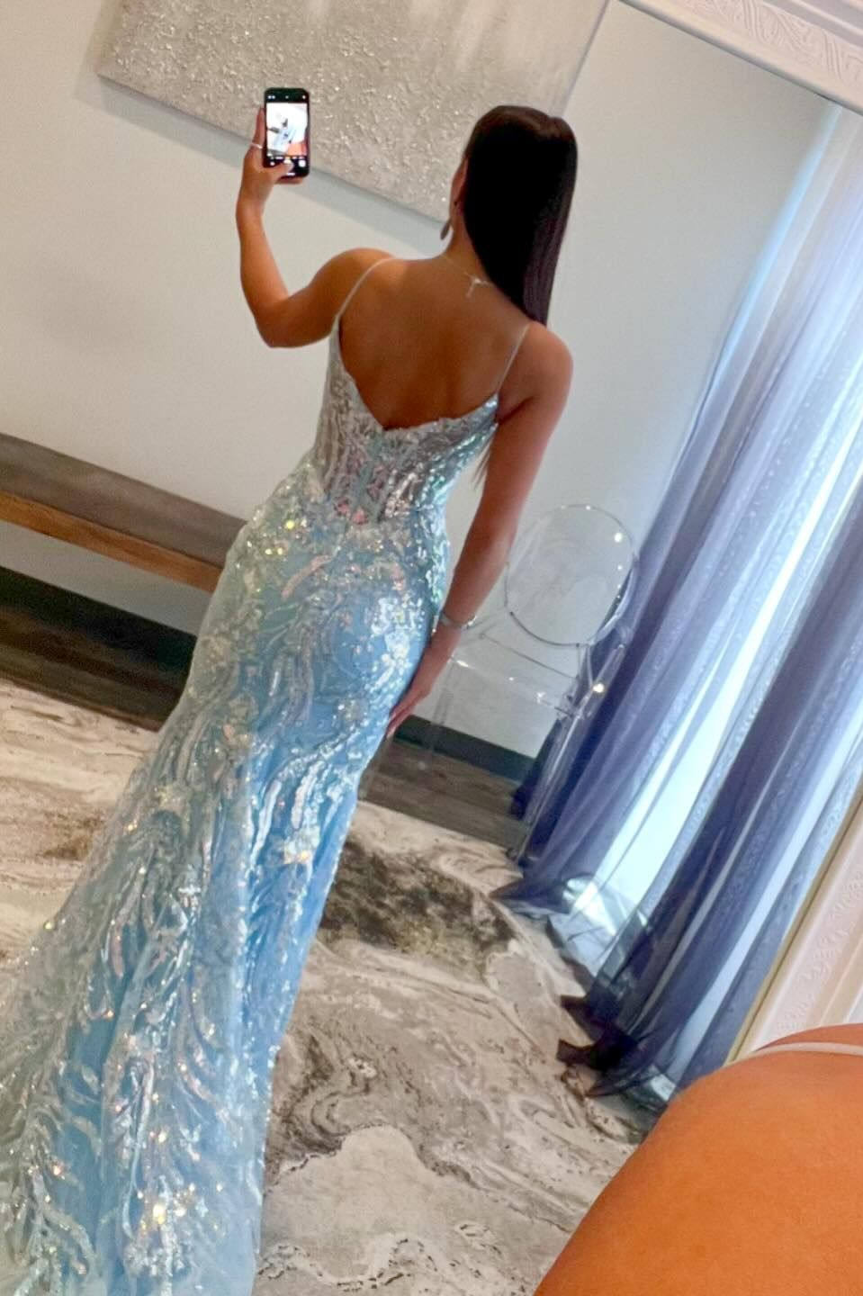 Roycebridal Margaret | Straps Light Blue V-Neck Sequin Appliques Mermaid Prom Dress