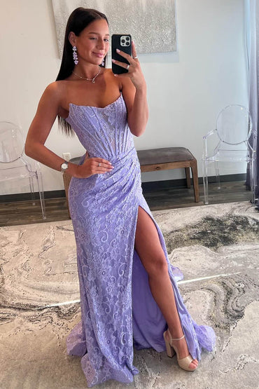 Roycebridal Mandy | Robe de bal sirène bustier en dentelle lavande avec fronces et fente