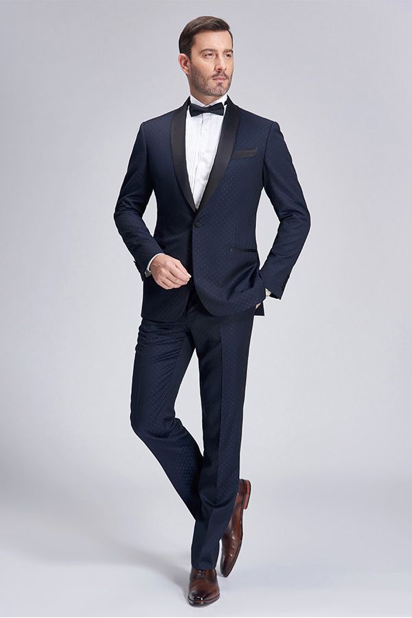 Gentle Blue Dots Shawl Lapel Wedding Tuxedos Dark Navy Wedding Suits for Men-showprettydress