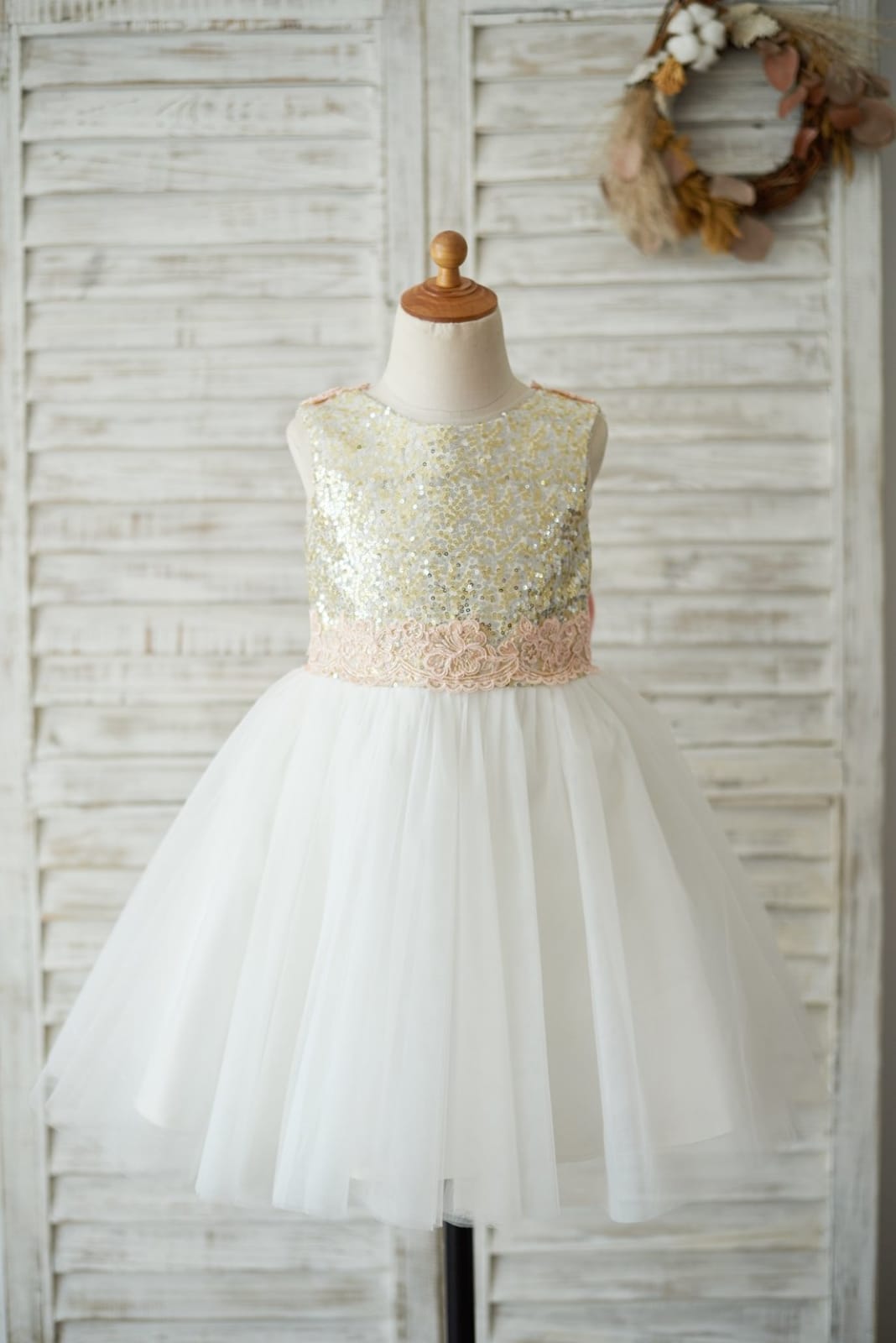 Gold Sequin Ivory Tulle V Back Wedding Flower Girl Dress