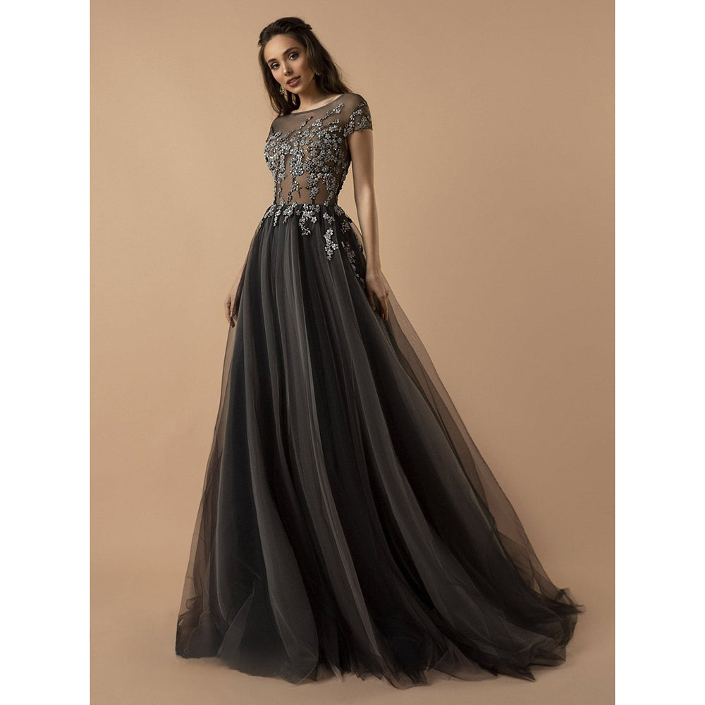 Black And Silver Charcoal Sequins A Line Tulle Beading Gothic Wedding Dress