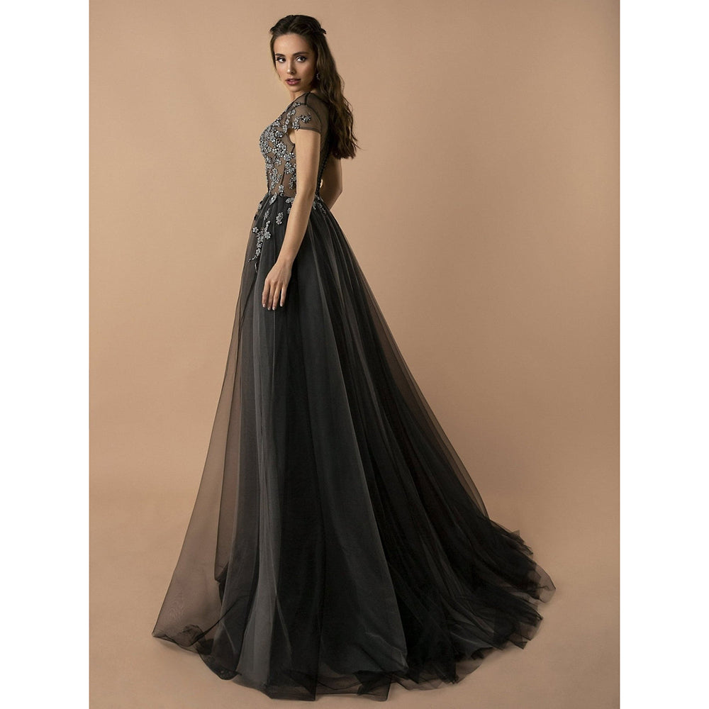 Black And Silver Charcoal Sequins A Line Tulle Beading Gothic Wedding Dress