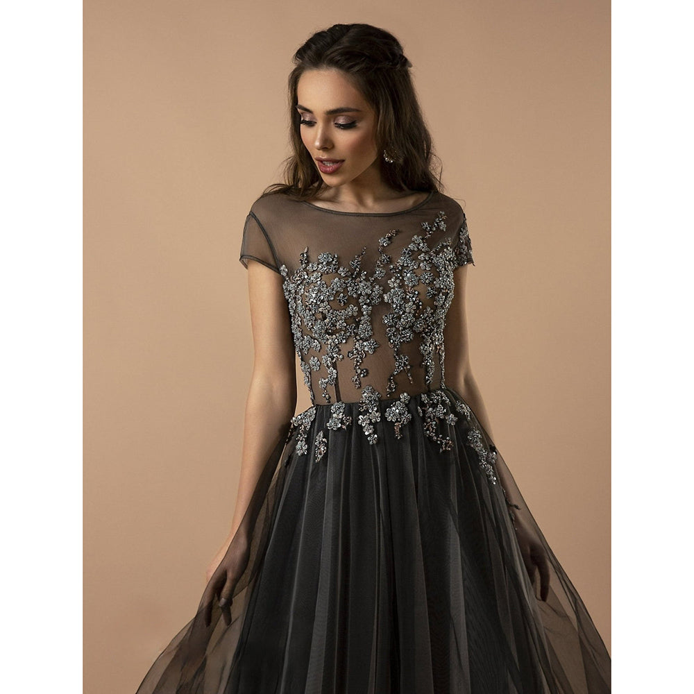 Black And Silver Charcoal Sequins A Line Tulle Beading Gothic Wedding Dress