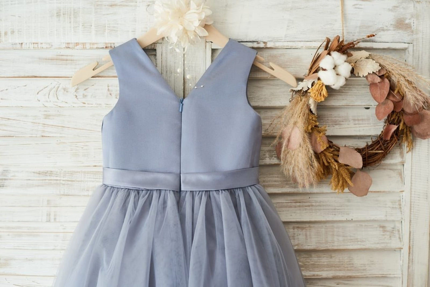 Gray Satin Tulle V Neckline Wedding Flower Girl Dress with