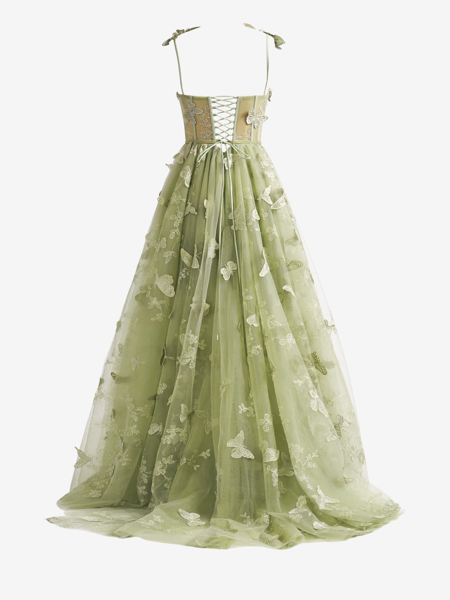 Roycebridal Green A-line Butterfly Lace Lilac Corset Prom Dress with Slit