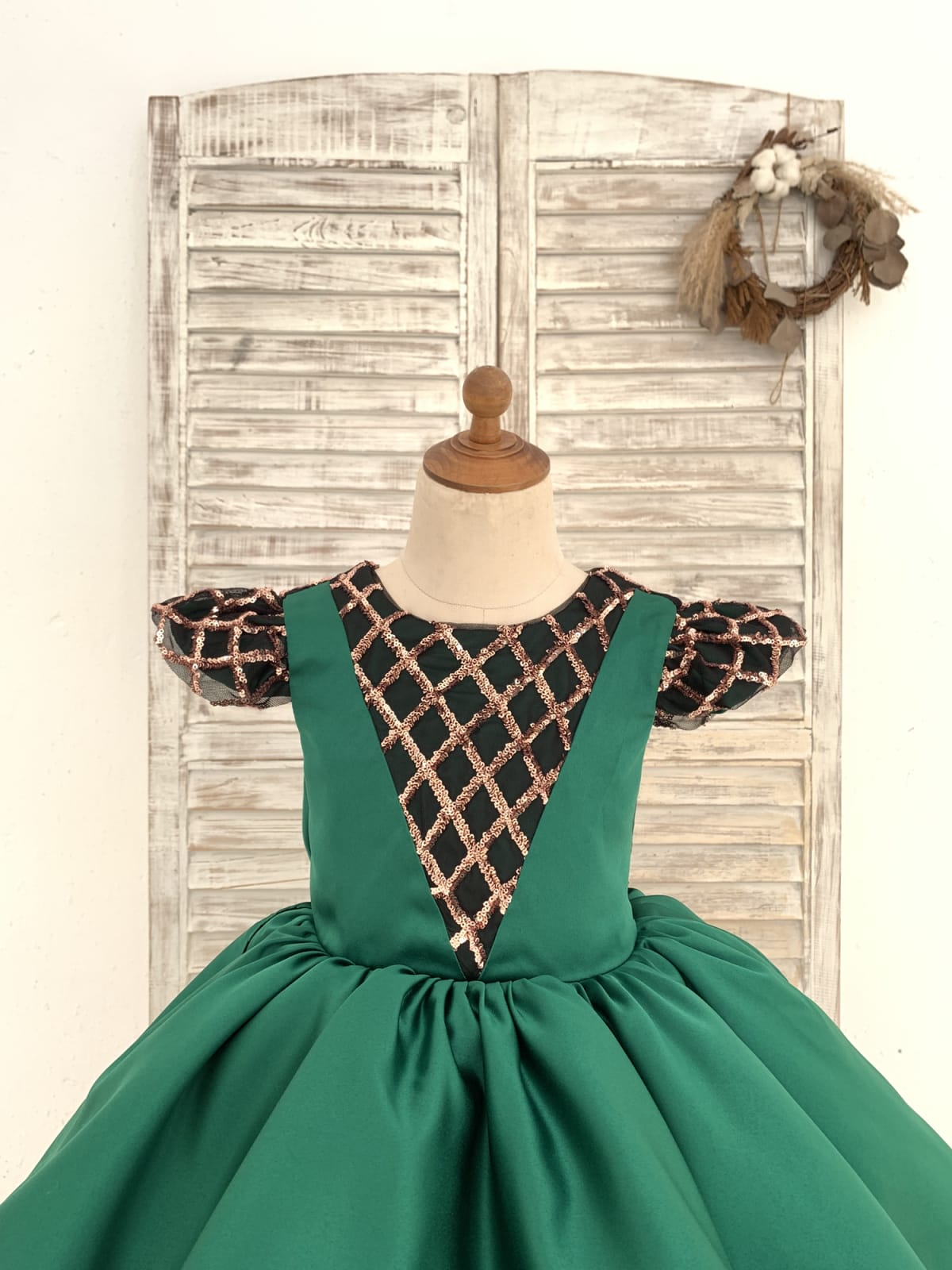 Hi-Low Green Satin Rose Gold Sequin Tulle Cap Sleeves