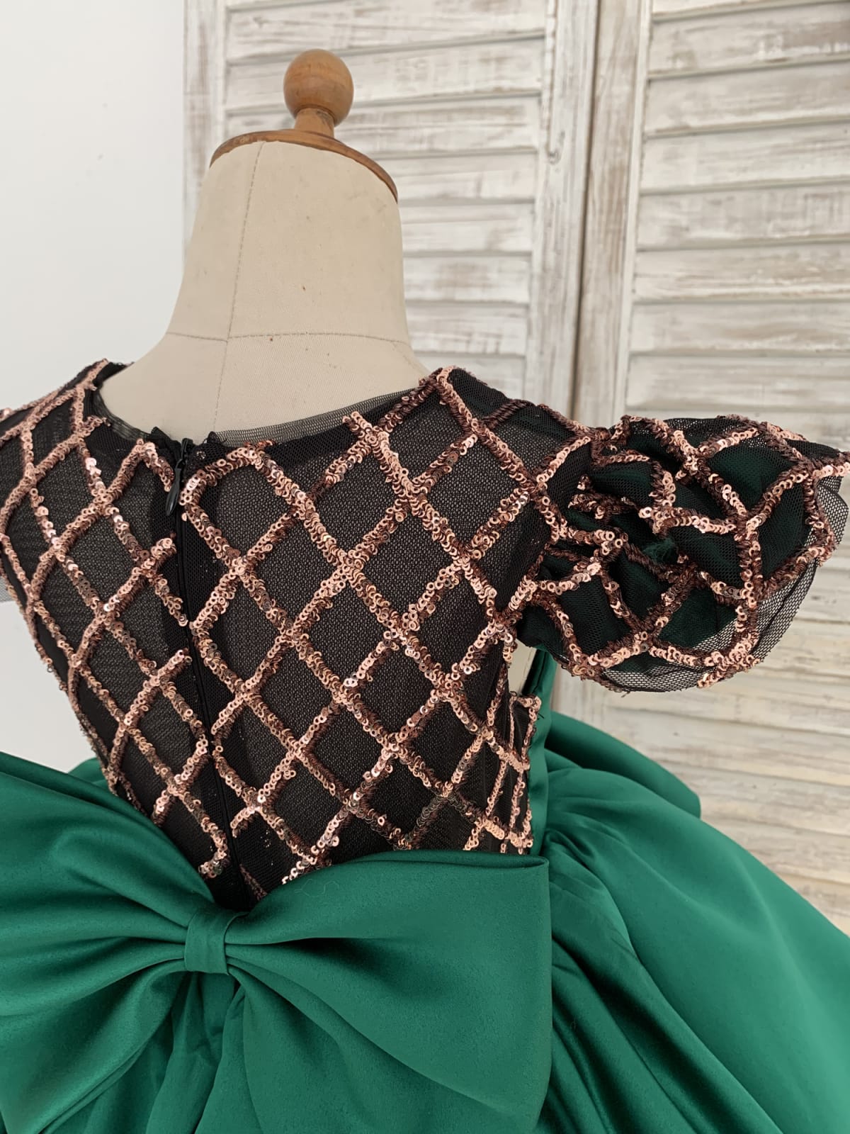 Hi-Low Green Satin Rose Gold Sequin Tulle Cap Sleeves