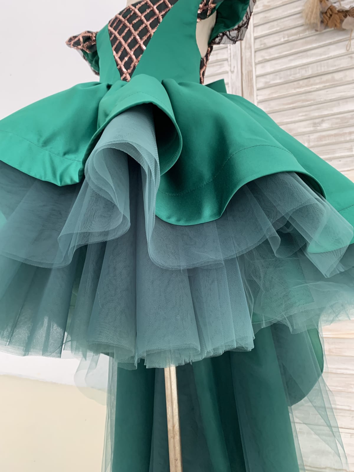 Hi-Low Green Satin Rose Gold Sequin Tulle Cap Sleeves