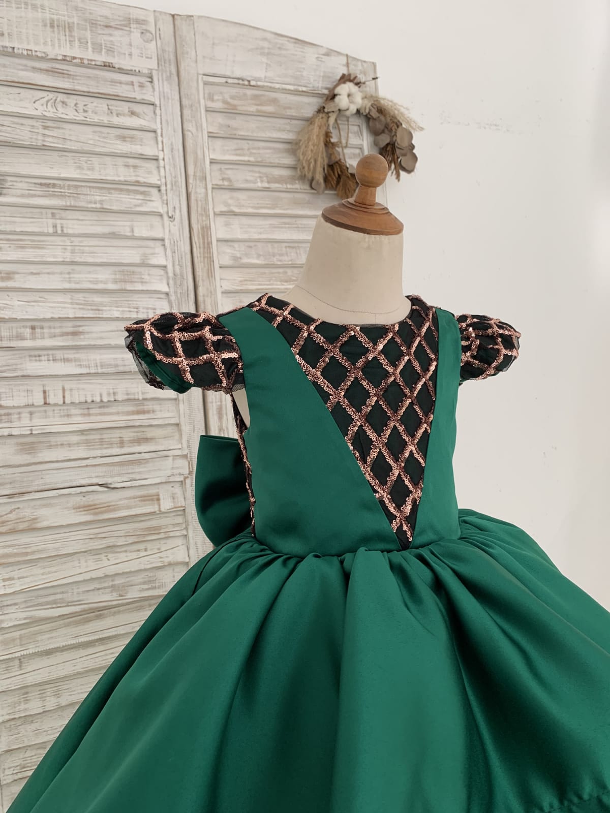 Hi-Low Green Satin Rose Gold Sequin Tulle Cap Sleeves