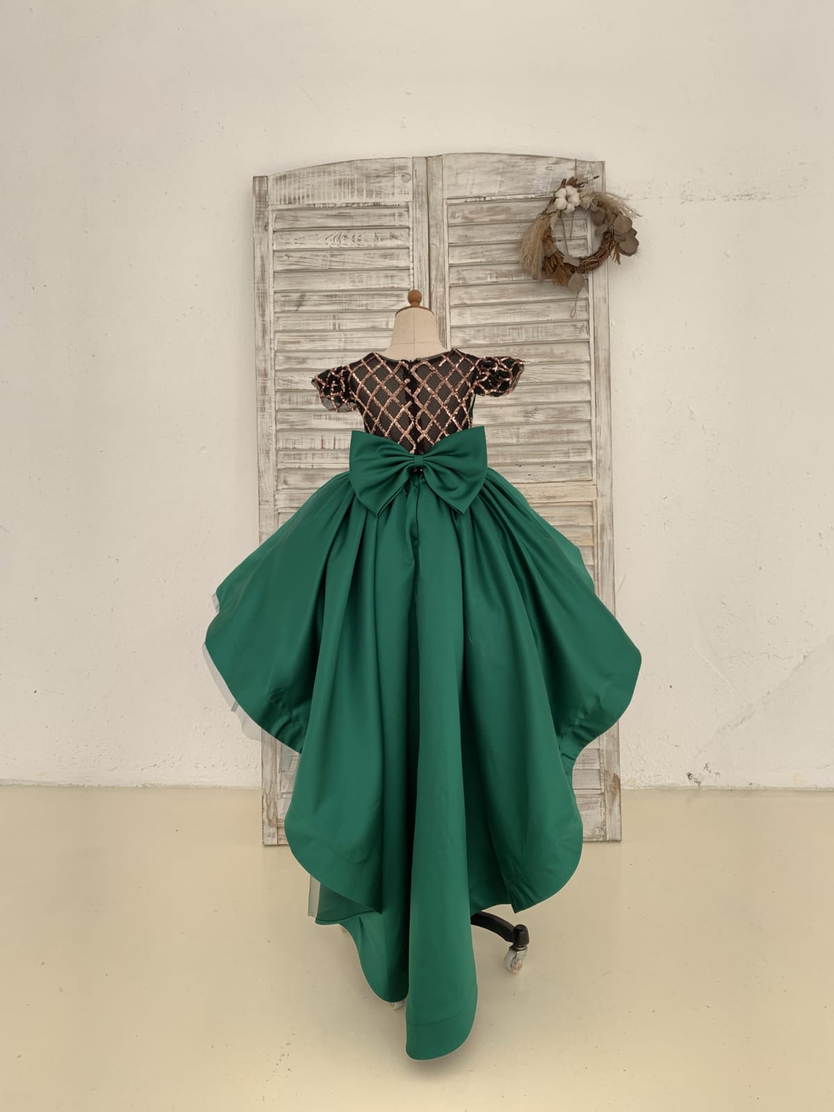 Hi-Low Green Satin Rose Gold Sequin Tulle Cap Sleeves
