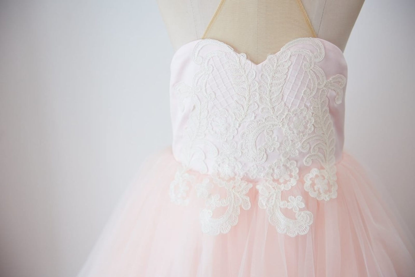 Halter Neckline Ivory Lace Pink Tulle Sheer Back Wedding