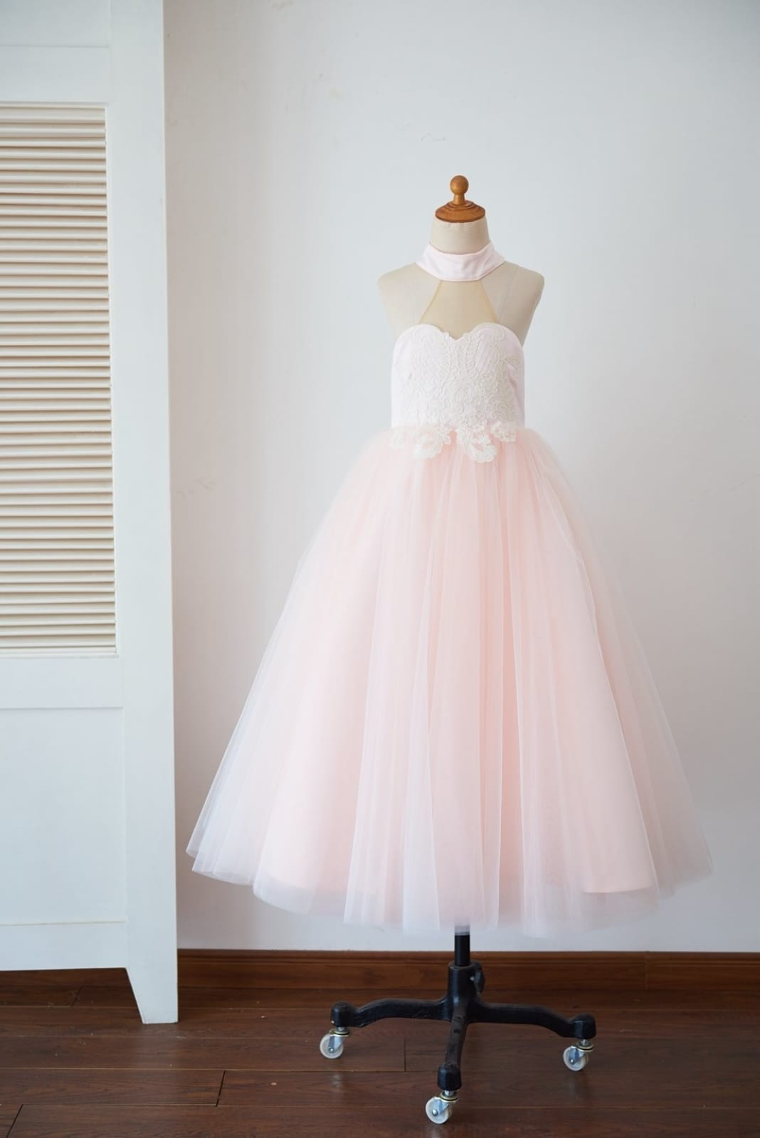 Halter Neckline Ivory Lace Pink Tulle Sheer Back Wedding