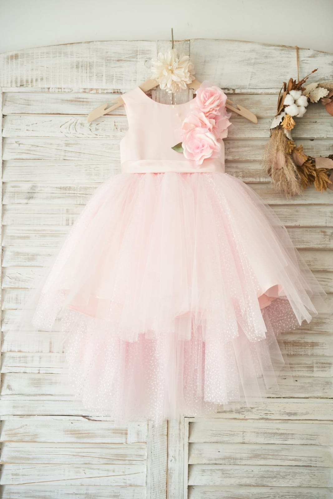 Hi-low Pink Dot Tulle Wedding Flower Girl Dress with 3D