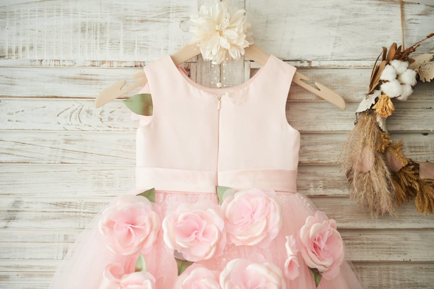 Hi-low Pink Dot Tulle Wedding Flower Girl Dress with 3D