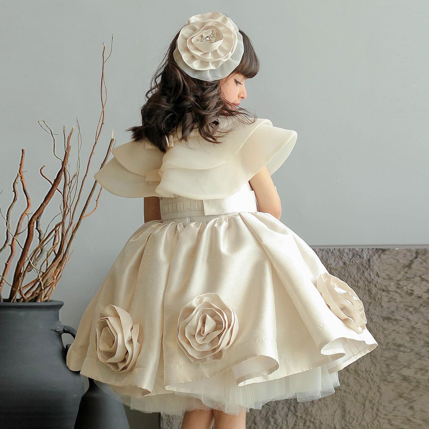 Roycebridal Elegant Beige Girl Dresses Handmade Flowers with Headgear for Kids Wedding Birthday Holiday Party Gown 2025 J104