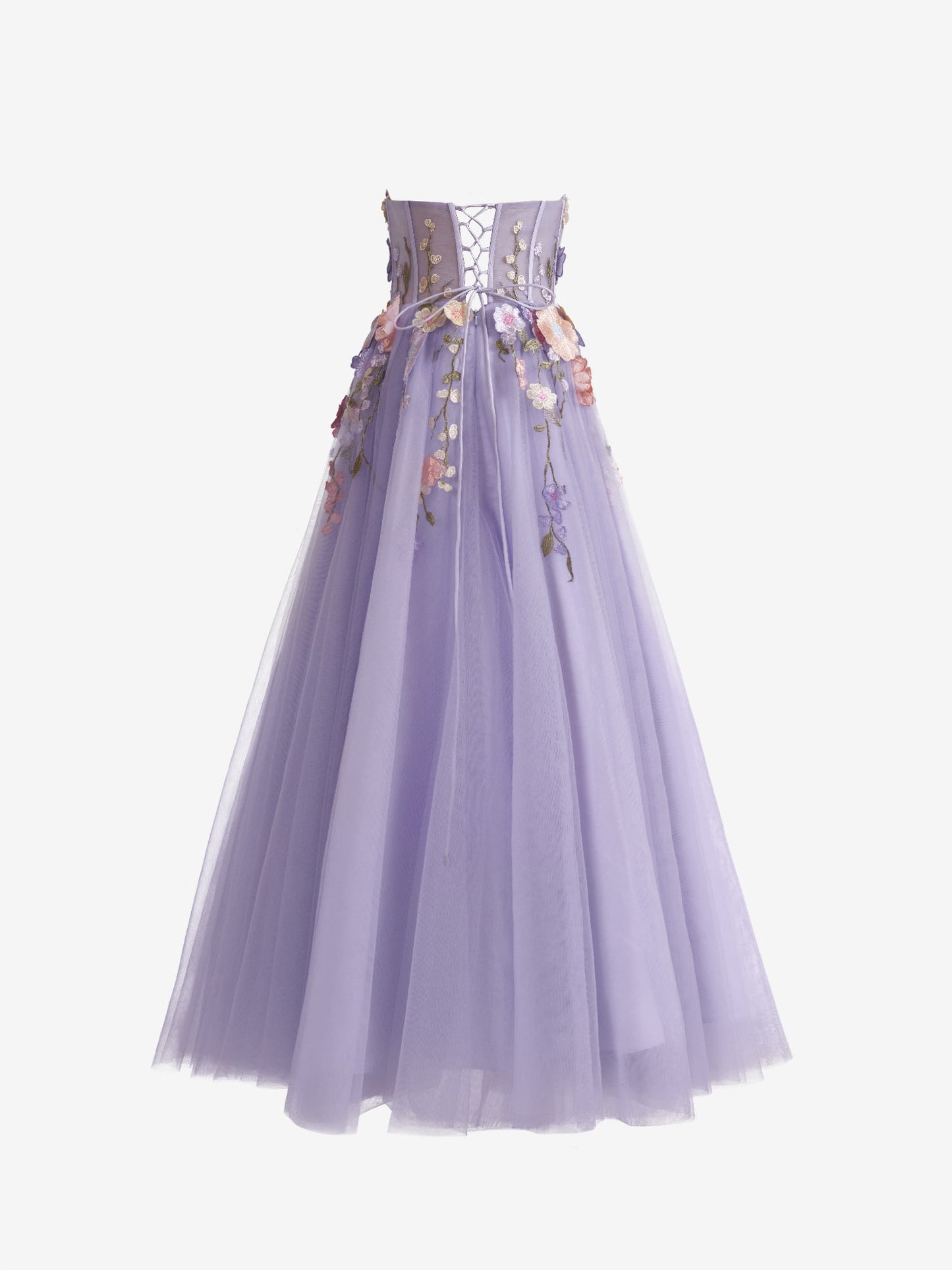 Hope | Robe de soirée trapèze lavande en tulle sans bretelles avec fleurs 3D