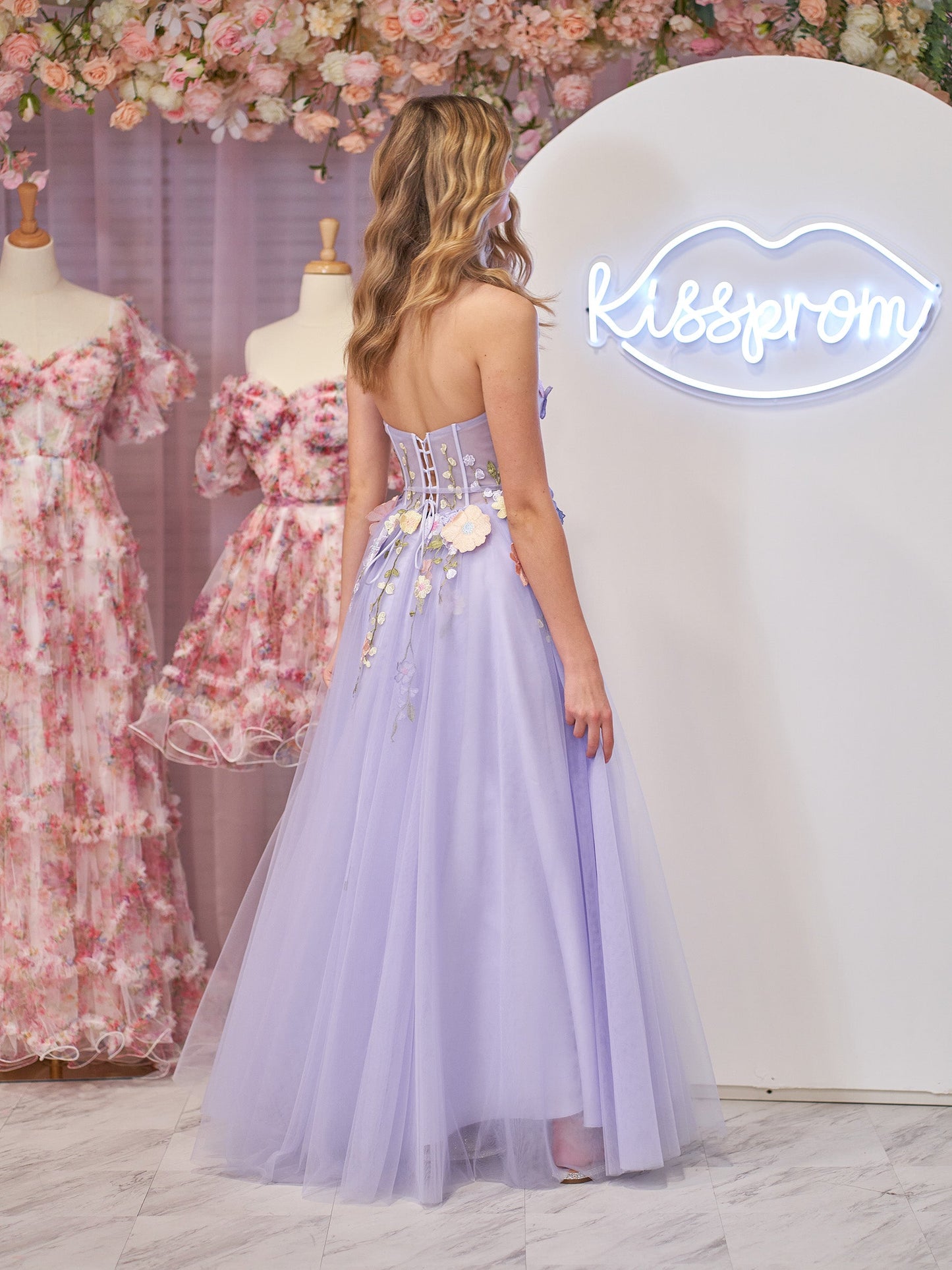 Hope | Robe de soirée trapèze bustier en tulle avec fleurs 3D