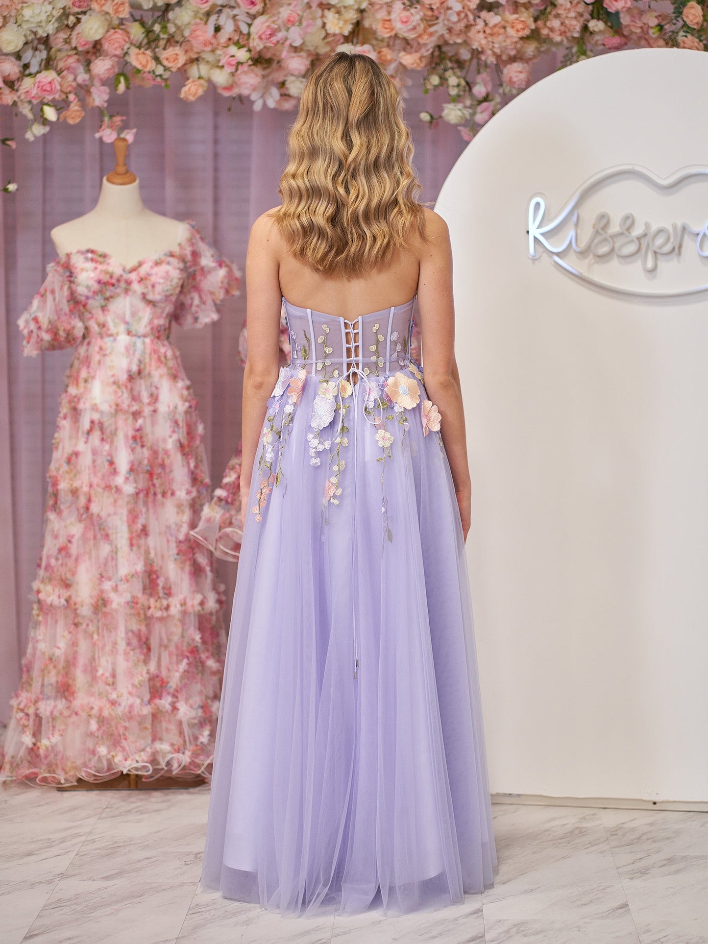 Hope | Robe de soirée trapèze bustier en tulle avec fleurs 3D