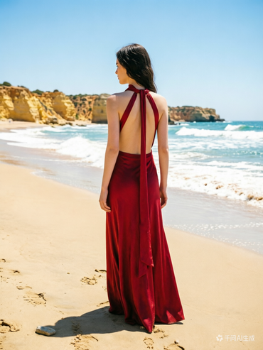 Burgundy Halter Neck Prom Dress Flowy Satin Evening Gown