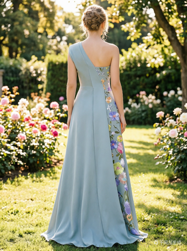 Abito da Sera Light Blue Asimmetrico con Ricamo Floreale 3D
