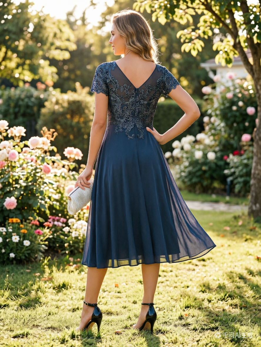 Vestido para la Madre de la Novia en Azul Marino con Encaje, Manga Corta y Largo de Té