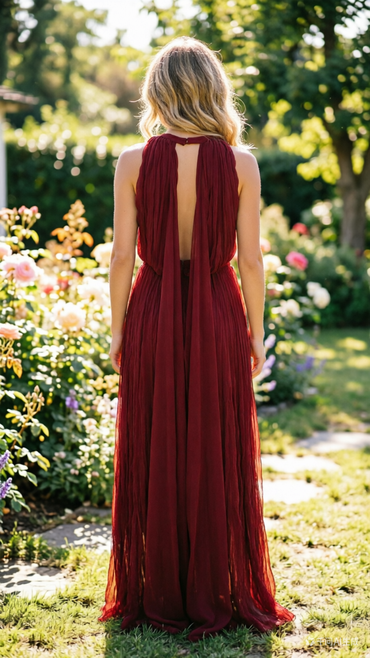 Burgundy Halter Neck Prom Dress Layered Tulle Evening Gown with Deep V