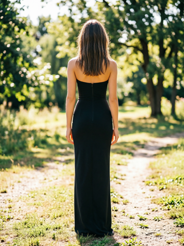 Black Embroidered Strapless Prom Dress Sheath Evening Gown