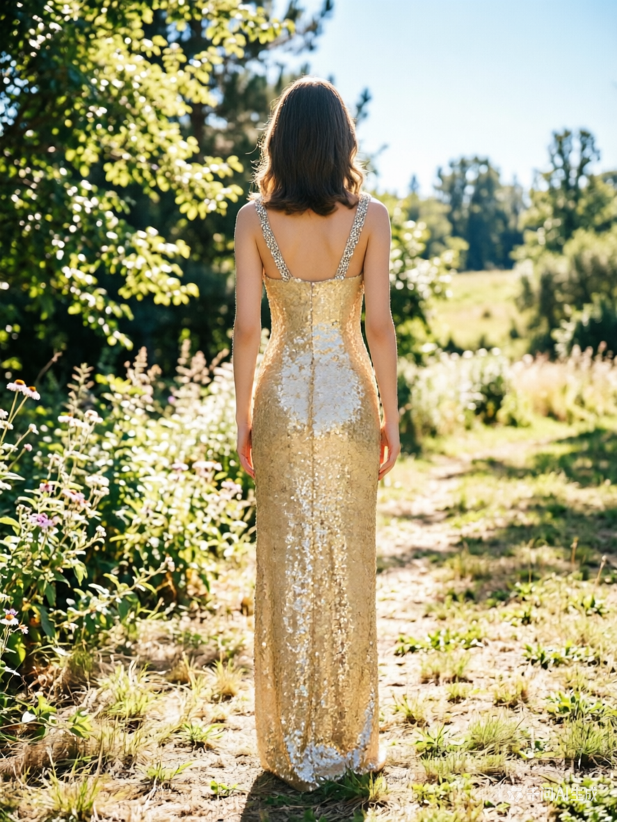 Vestito da sera scintillante con scollatura a V, paillettes dorate e spacco laterale