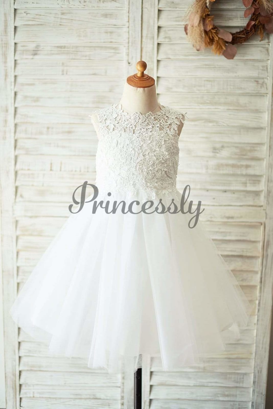 Ivory Lace Champagne Tulle Wedding Flower Girl Dress with