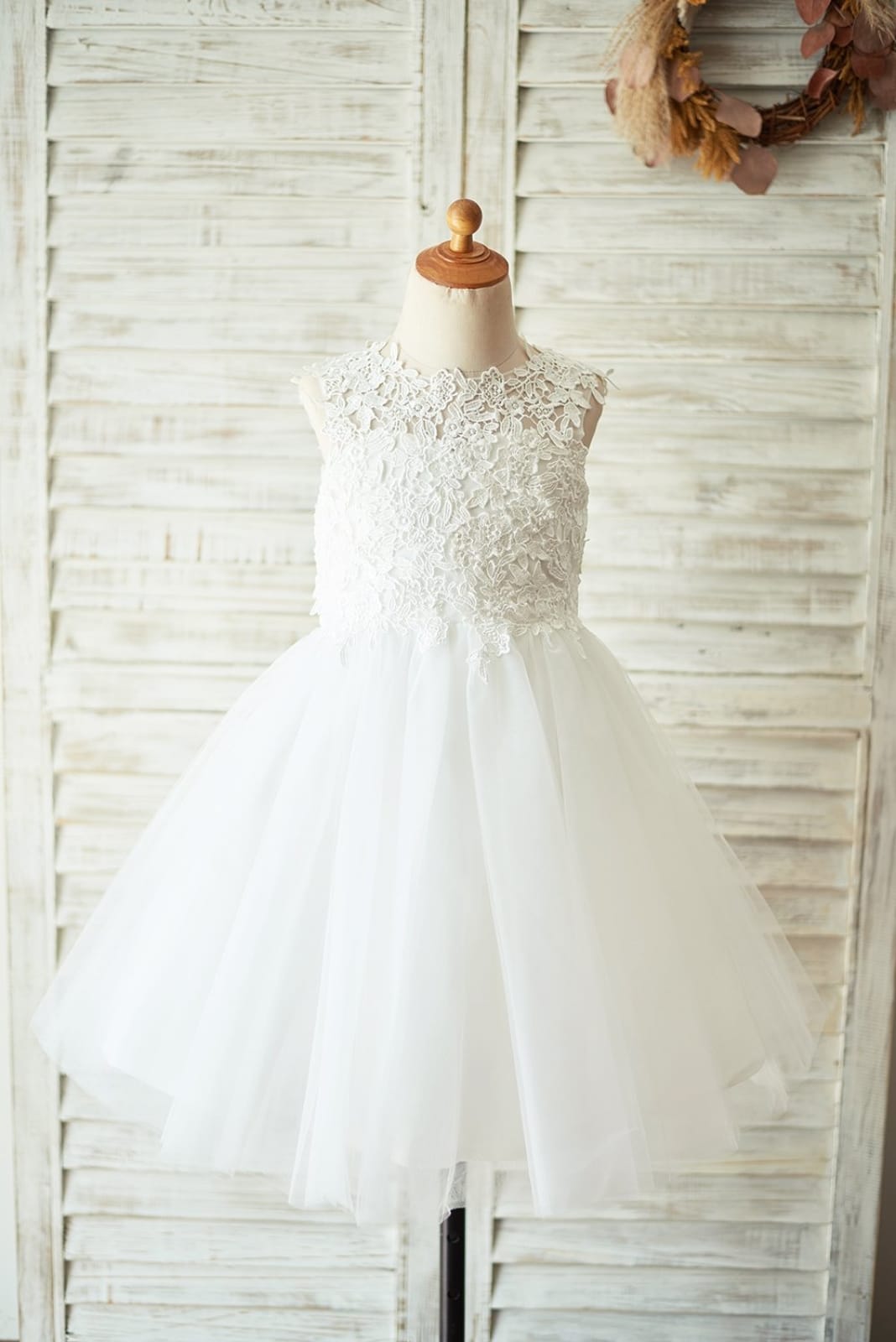 Ivory Lace Champagne Tulle Wedding Flower Girl Dress with