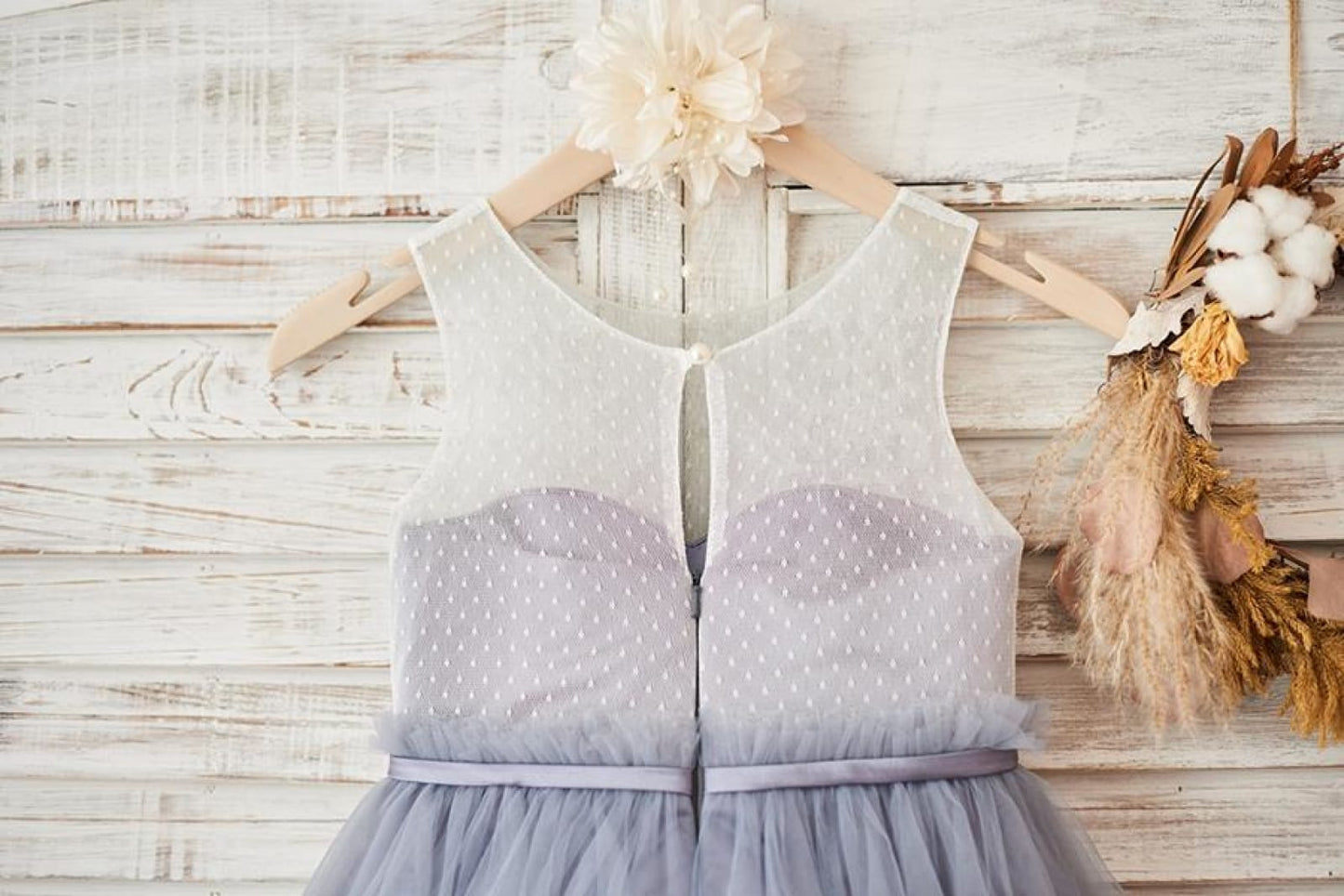Ivory Lace Gray Tulle Sheer Back Wedding Flower Girl Dress