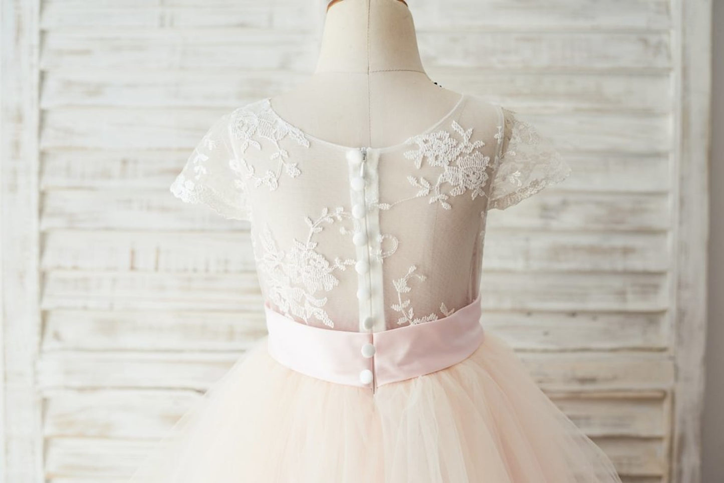 Ivory Lace Pink Tulle Cap Sleeves Wedding Flower Girl Dress