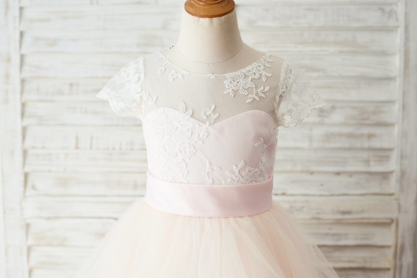 Ivory Lace Pink Tulle Cap Sleeves Wedding Flower Girl Dress