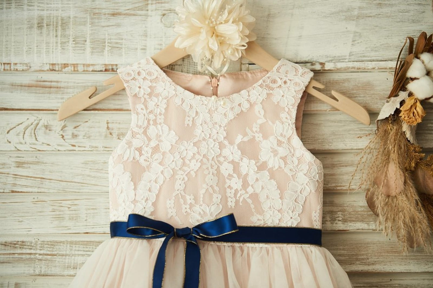 Ivory Lace Tulle Pink Lining Wedding Flower Girl Dress with