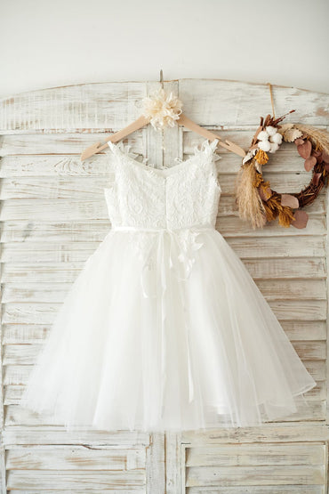 Ivory lace Tulle Spaghetti straps Wedding Flower Girl Dress
