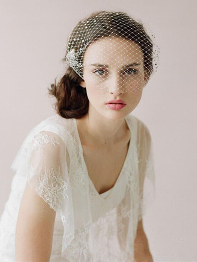 Roycebridal Ivory Mesh Birdcage Veils with Tiny Beads